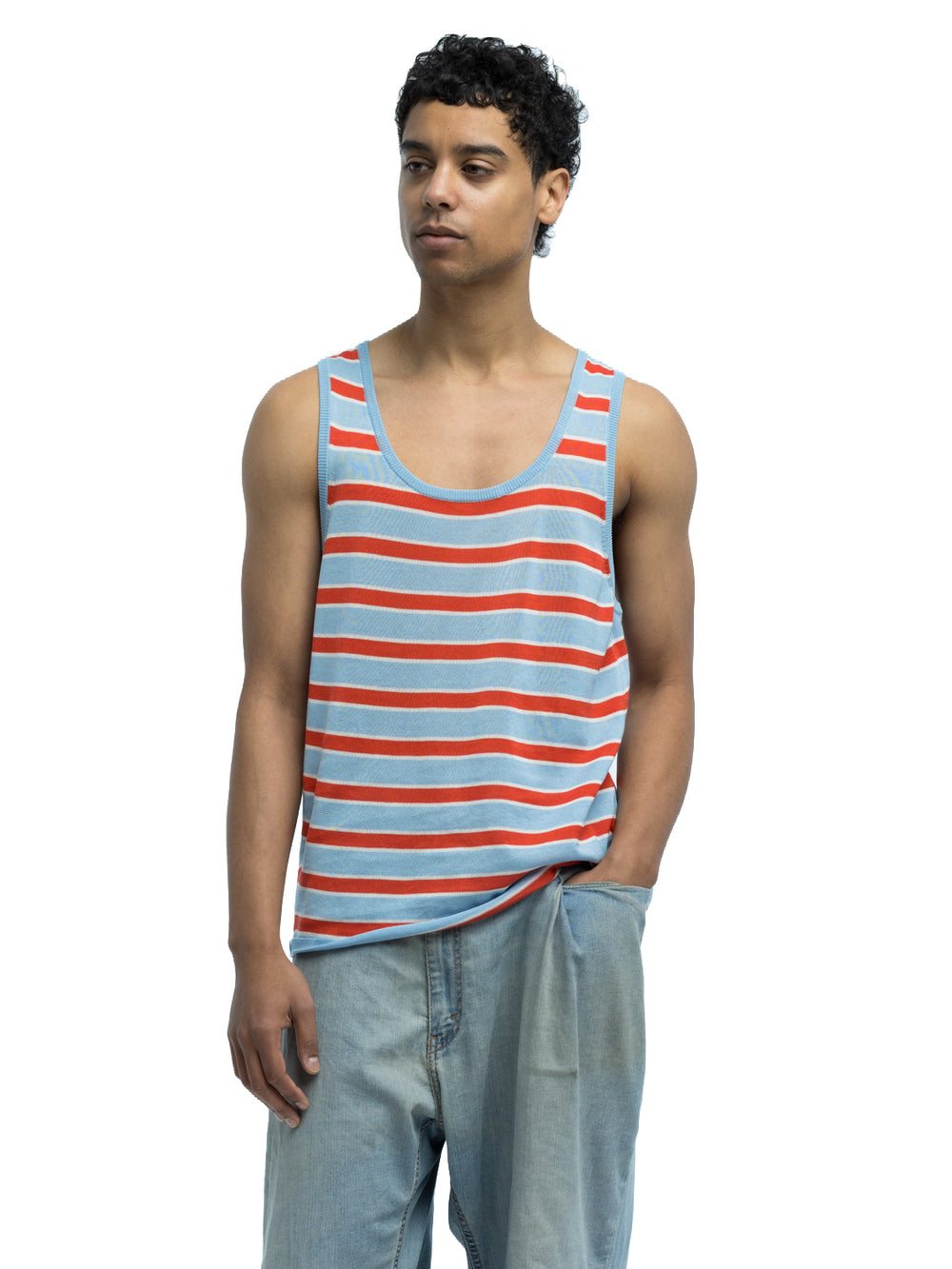 DBFL Men's Striped Tank Top – Horizontal Multi Stripe – Sleeveless – Red/Blue/Grey