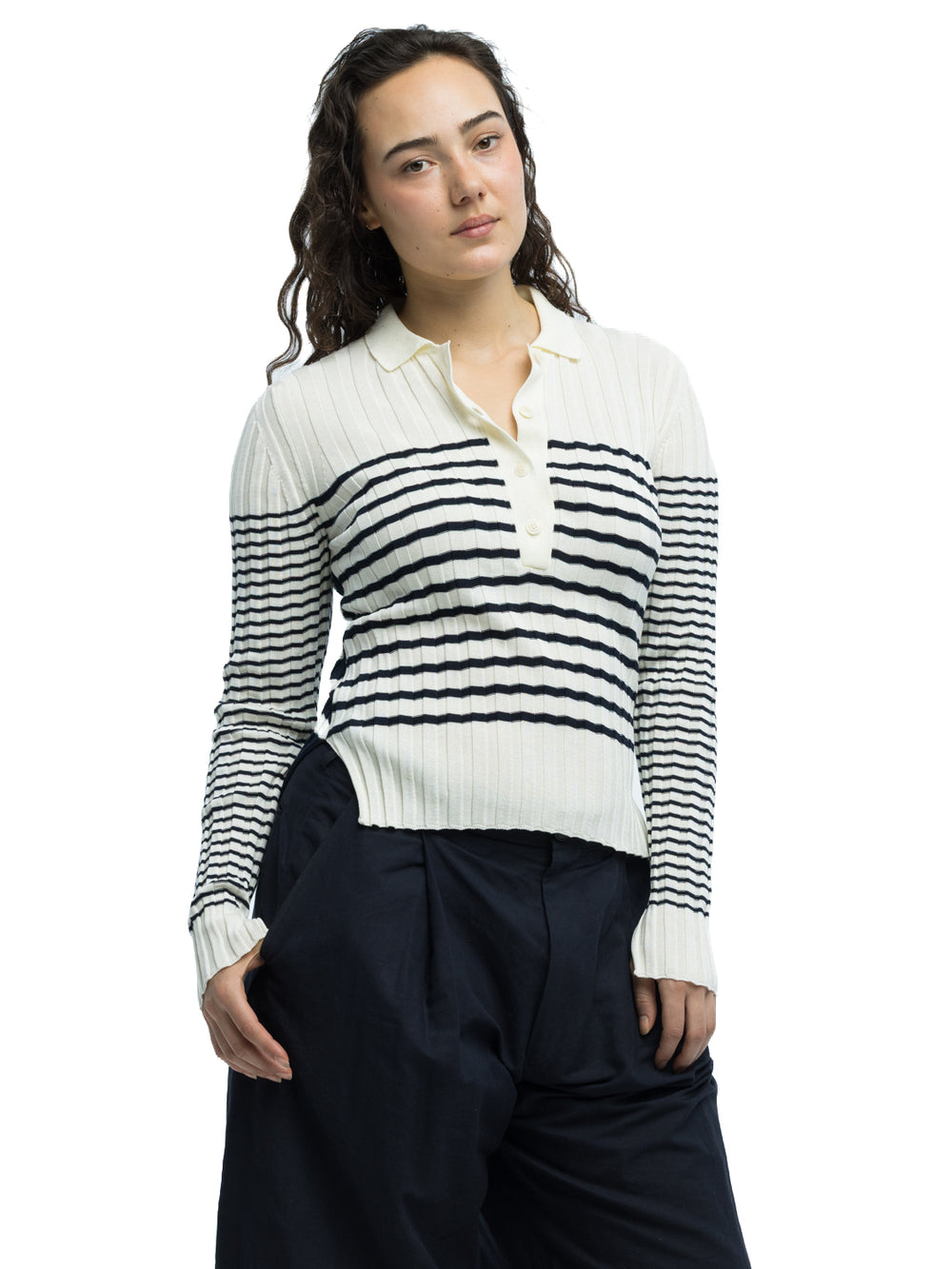 A Ribbed Breton Striped Polo Sweater for Women, Crafted in Organic