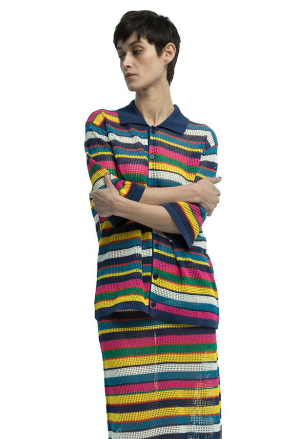 Rell Mesh Stitch Stripe Cardigan in Organic Cotton